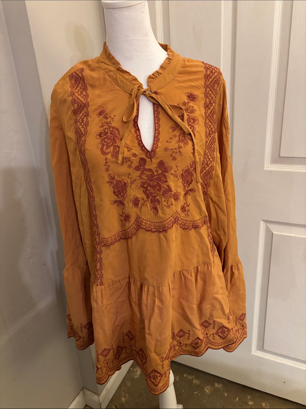 Cato Mustard Yellow Embroidered Peasant Blouse